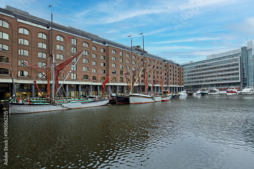 Sailing Boats and Old Ships Moored at St Katharine Docks Marina Port in London United Kingdom Winter Day Travel