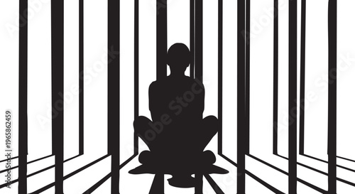 Silhouette of a person sitting cross-legged behind vertical prison bars