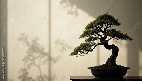 Elegant Bonsai Tree Casts Intricate Shadows in Soft Morning Light