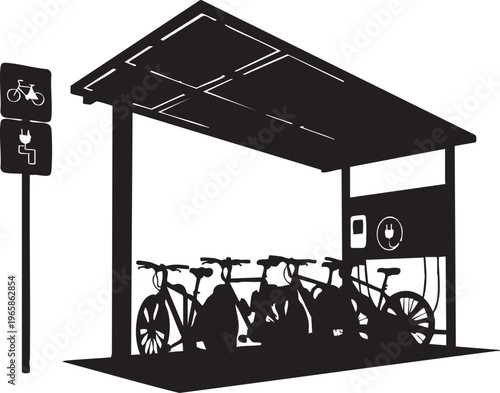 Silhouette of bicycles at electric bike charging station with sign solar panel