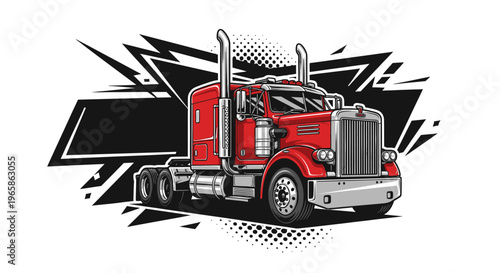 Illustration of a red semi-truck with chrome accents and exhaust pipes on a white background with a black graphic design element, representing transport.