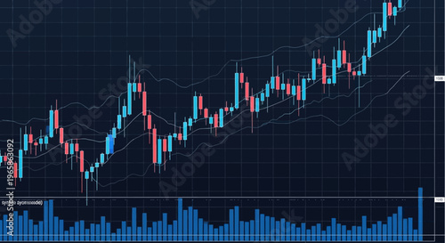 A financial graph with a rising trend line and candlestick chart on a dark background with a grid pattern, conveying a sense of growth and trading activity.