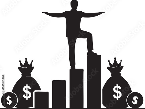 Silhouette of man standing on bar graph with money bags and coins