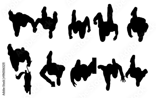 set of people lifestyle walking, running top view in city silhouette for architectural. men, women and businessman. black shadow plan vector illustration.