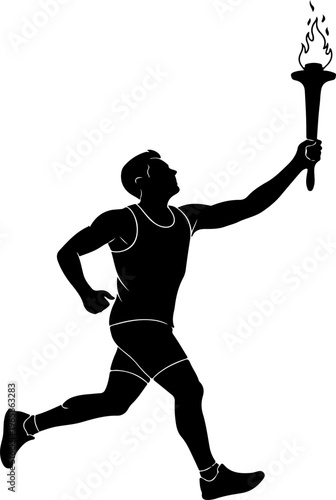 Silhouette of athlete running while holding flaming ceremonial torch