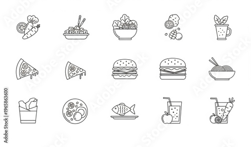 Meal line icon set with salad pizza pasta burger juice and healthy food editable stroke