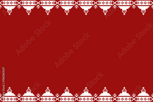 Top and bottom band layout with bell-like pixel ornaments and horizontal block motifs. Red background with clean spacing and balanced symmetry in a structured folk textile style.