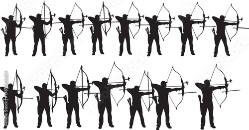 Silhouette sequence of archers in various shooting positions silhouettes bow and arrow black and white