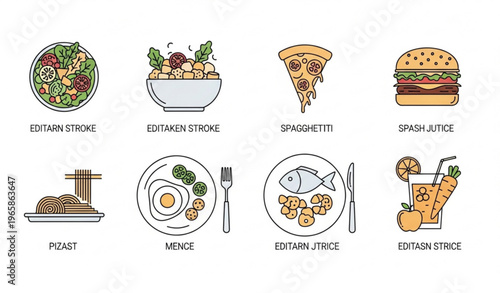 Meal line icon bundle with vegetable salad pizza pasta burger and juice editable stroke