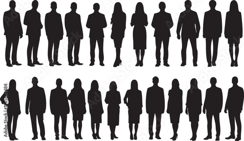 Silhouette of two rows of people in business attire silhouettes black white background