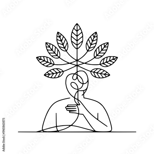 Person with leafy head thinking human leaf leaves contemplation minimalist