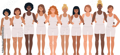 Diverse Group of Women in White Outfits Standing Together in Unity, Multicultural Female Empowerment and Body Positivity vector illustration
