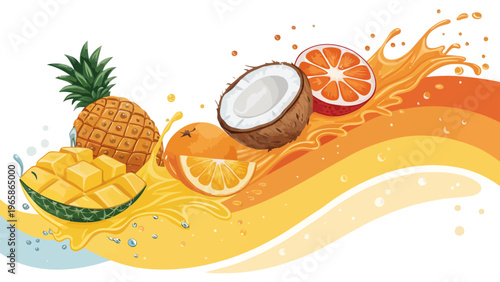 Vibrant tropical fruit splash with mango coconut and orange on colorful wave background