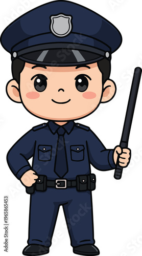 Adorable Male Police Officer in Blue Uniform Holding a Baton, Friendly Kawaii Chibi Character Style vector illustration
