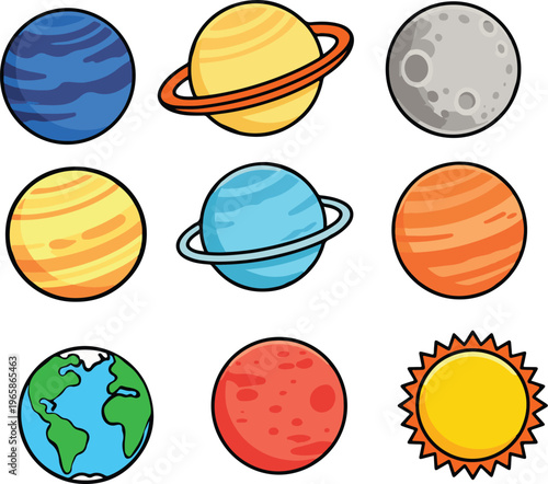 Colorful Solar System Planet Collection with Sun, Moon and Ringed Planets, Simple Flat Cartoon Astronomy vector illustration
