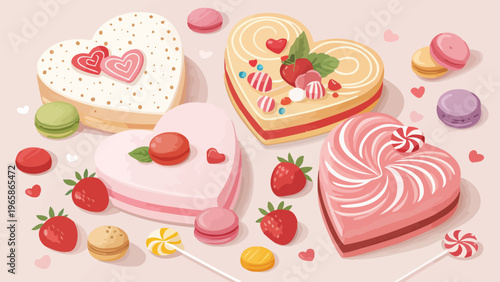 Valentine's day heart shaped cakes and macarons with strawberries on a pink background sweet treats for dessert or celebration