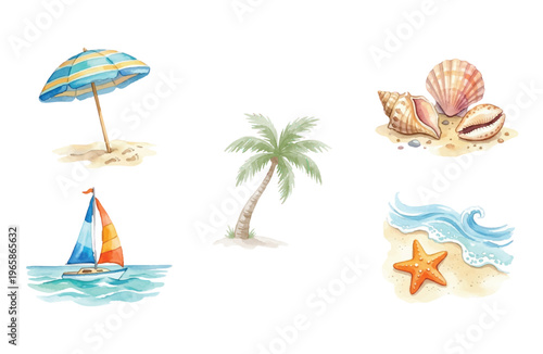 beach icon watercolor set