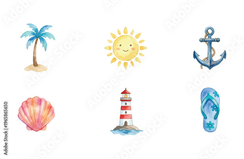 beach icon watercolor set