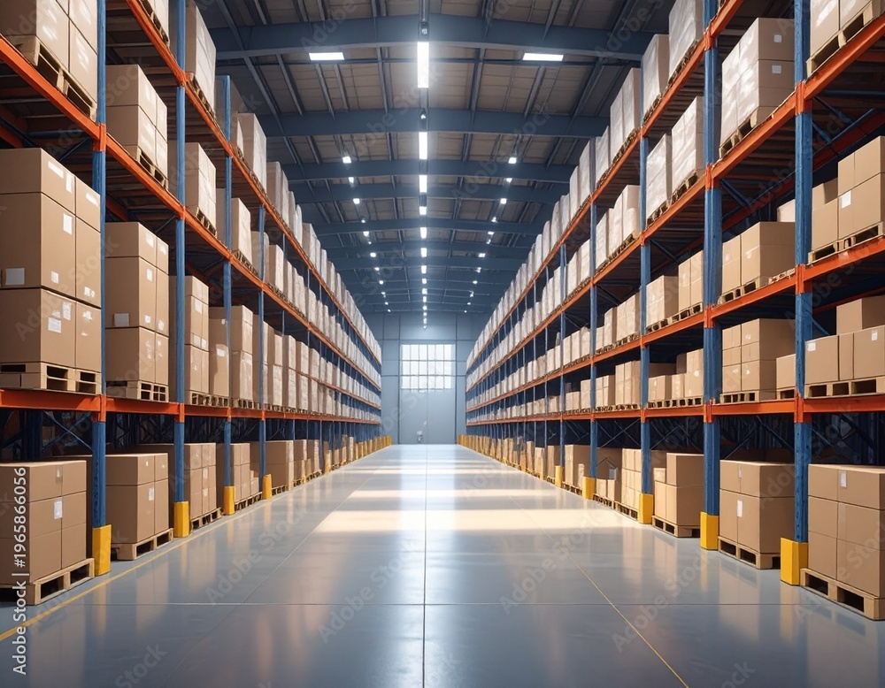Fototapeta premium A large, long logistics warehouse filled with boxes, parcels and merchandise, Generative AI