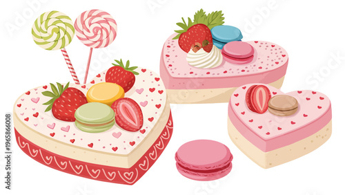 Heart shaped cakes and macarons for valentine's day celebration with strawberries and lollipops on white background