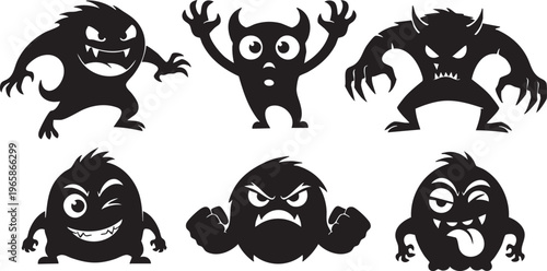 Six stylized silhouette monsters with various expressions silhouettes black white background
