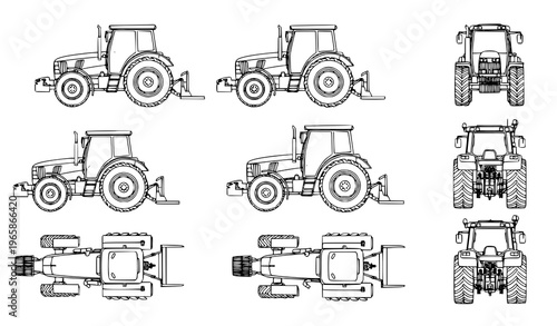 Tractor vector line contour set side front back top bottom views isolated