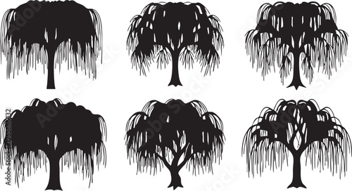Six Stylized Weeping Willow Tree Silhouettes black and white stylized trees nature