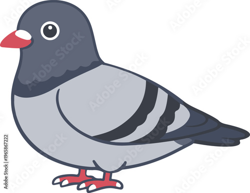 Common Grey Pigeon with Red Beak and Black Wing Bars Standing in Profile, Flat Modern vector illustration
