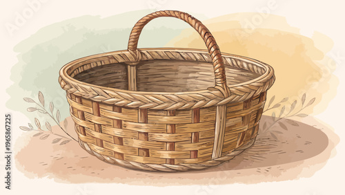 Vintage wicker basket with muted earthy tones and handle set against a softly blended background