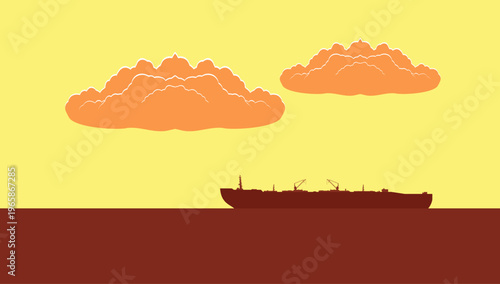 Vector illustration of massive crude oil tanker ship sailing across ocean at sunset maritime transport energy industry cargo vessel seascape design