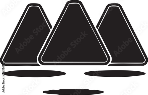 Three black triangular road signs with white outlines on white background triangular signs