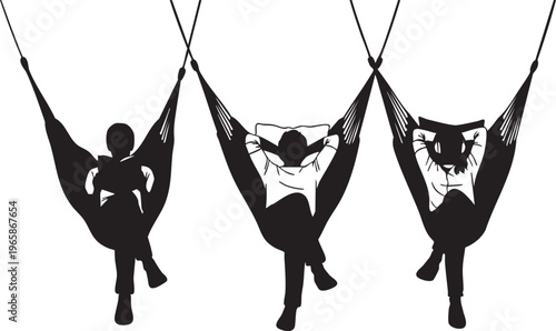 Three people relaxing in hammocks with books relaxation reading