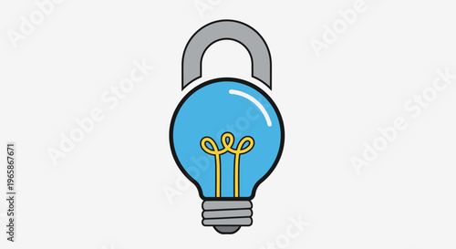 Blue Light Bulb with Padlock Symbolizing Locked Idea and Intellectual Property, Isolated White Background.
