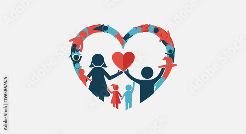 Diverse Community Forming a Heart Shape Around a Loving Family, Symbolizing Support and Social Connection in a Bright Studio
