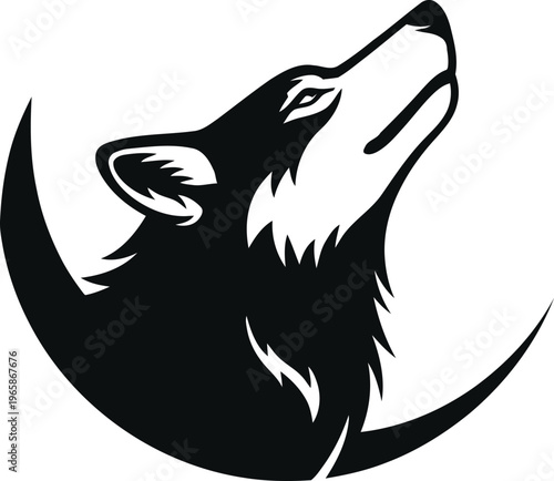 A black and white illustration of a wolf howling at the moon