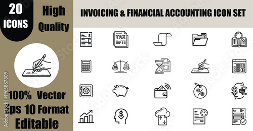 20 Invoicing and Financial Accounting Line Icon Set Vector: Business Finance Outline Symbols.