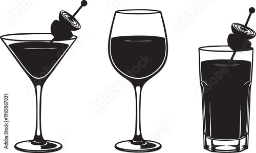 Three stylized silhouette cocktails with olives cocktail glasses wine glasses martini glass