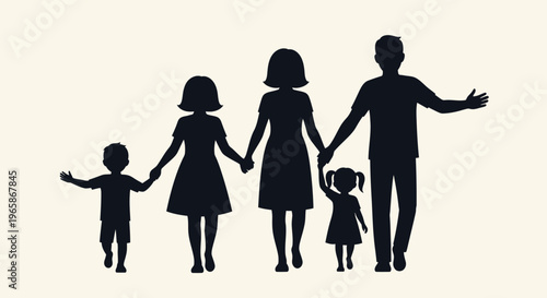 Silhouette of a Large Happy Family with Parents and Four Children Holding Hands on a Bright Studio Background