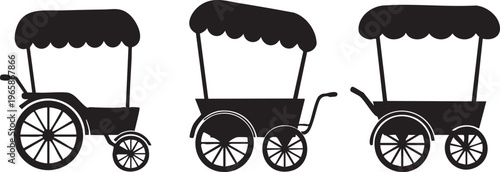 Three Stylized Silhouette Carts with Canopies black white