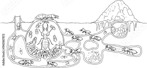 Termite colony nest tunnels and queen chamber cross section line art vector for coloring.