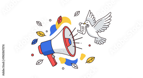 Megaphone Announcing Peace Message Delivered by Flying Dove on an Isolated White Background