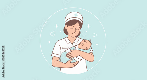 Caring nurse gently holding a newborn baby in her arms, symbolizing maternal care and vital medical support, in bright studio.