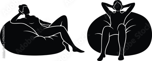 Woman relaxing on bean bag, female silhouette illustration, comfortable seating pose, modern lifestyle concept, leisure relaxation design, black vector isolated on white