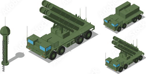 Isometric military vehicles illustration, missile launcher trucks, radar communication tower design, defense technology artwork, army equipment concept, war system graphic