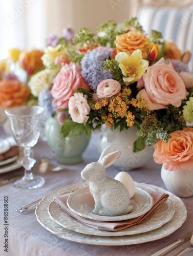 Table Setting With Flowers and Bunny Decoration for Spring Gathering or Celeb...