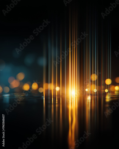 Luminous Cityscape: Golden light streaks illuminate a dark cityscape, reflecting on a wet surface and creating a captivating abstract urban scene. 