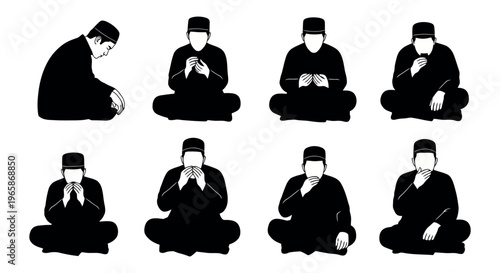 Set of muslim man praying with hands raised in dua