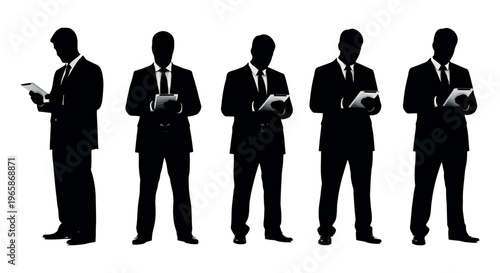 Silhouettes of businessmen in suits using tablets