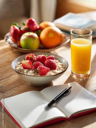 Breakfast Table With Fruits, Oatmeal, Orange Juice, and Notebook in a Sunny K...