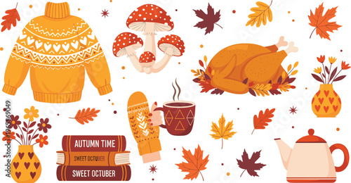 Autumn Cozy Elements Set with Sweater Turkey Mushrooms Tea Leaves and Books Warm Fall Illustration Collection for Seasonal Design and Thanksgiving Graphics